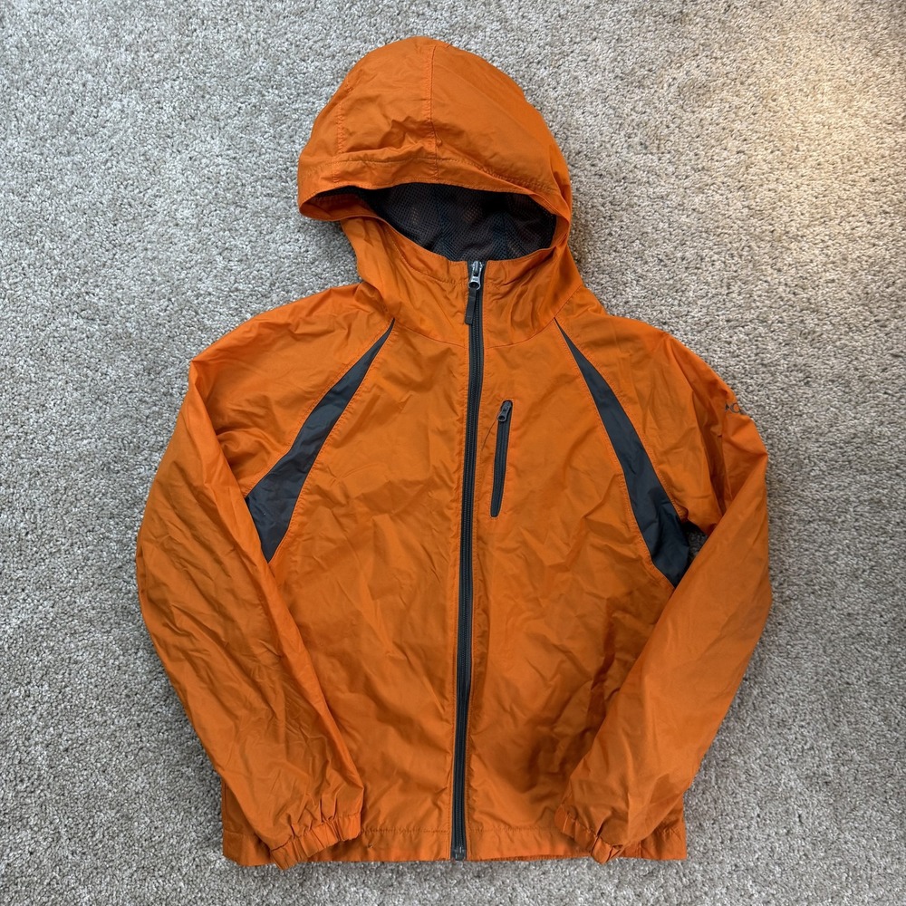 Columbia Jacket Kids 10-12 Orange Hooded Windbreaker Zip Hiking School Outdoor